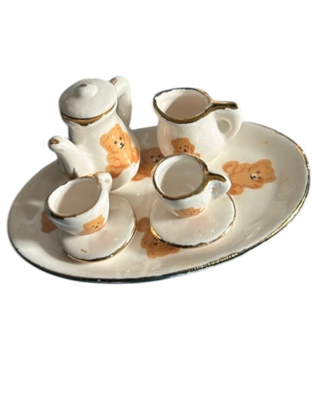 Dollhouse Miniatures Vintage Porcelain Mini Teddy Bear Tea Set